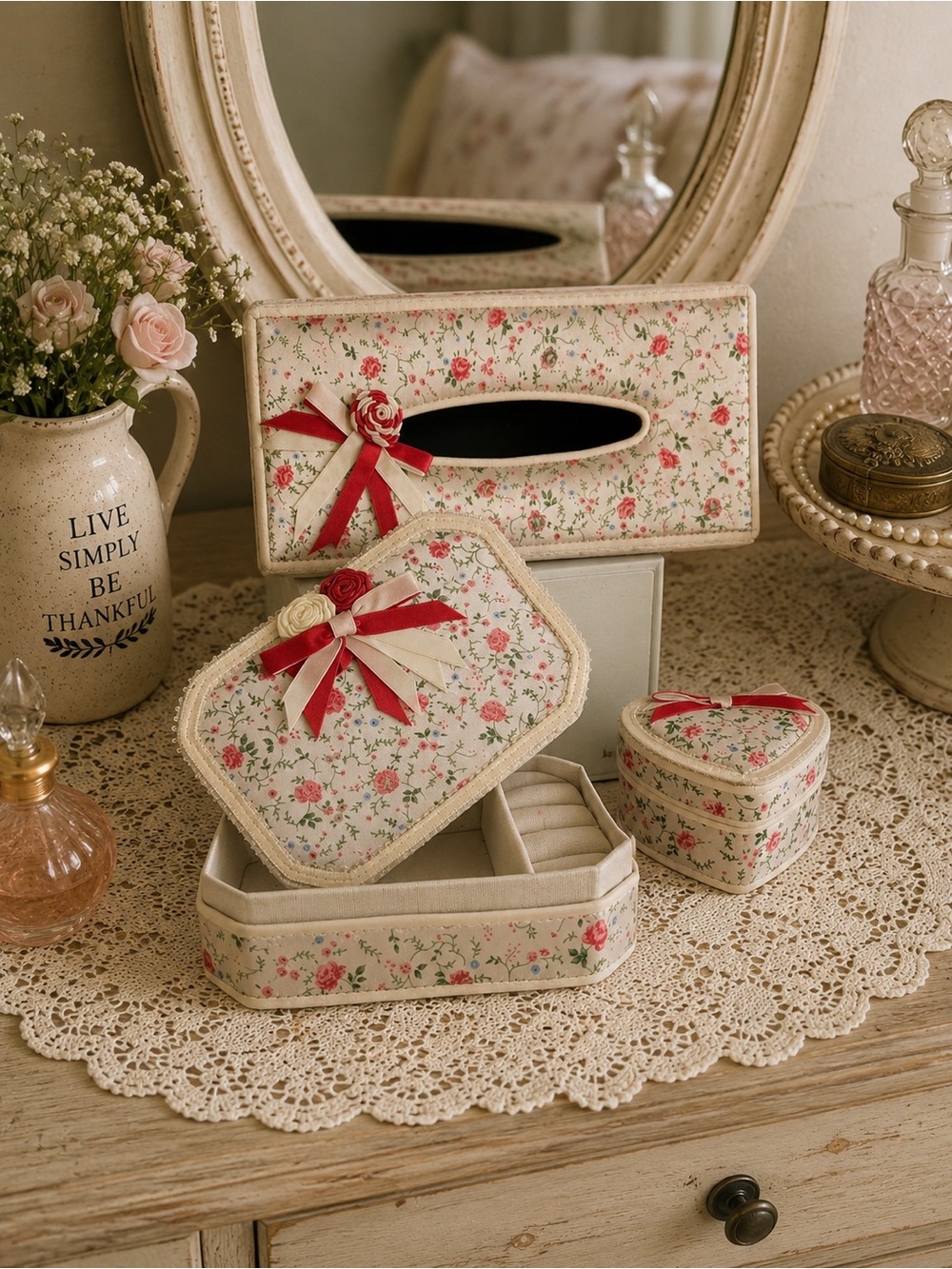 Floral Velvet Jewelry Organizer Box Set with Red Ribbon Accent